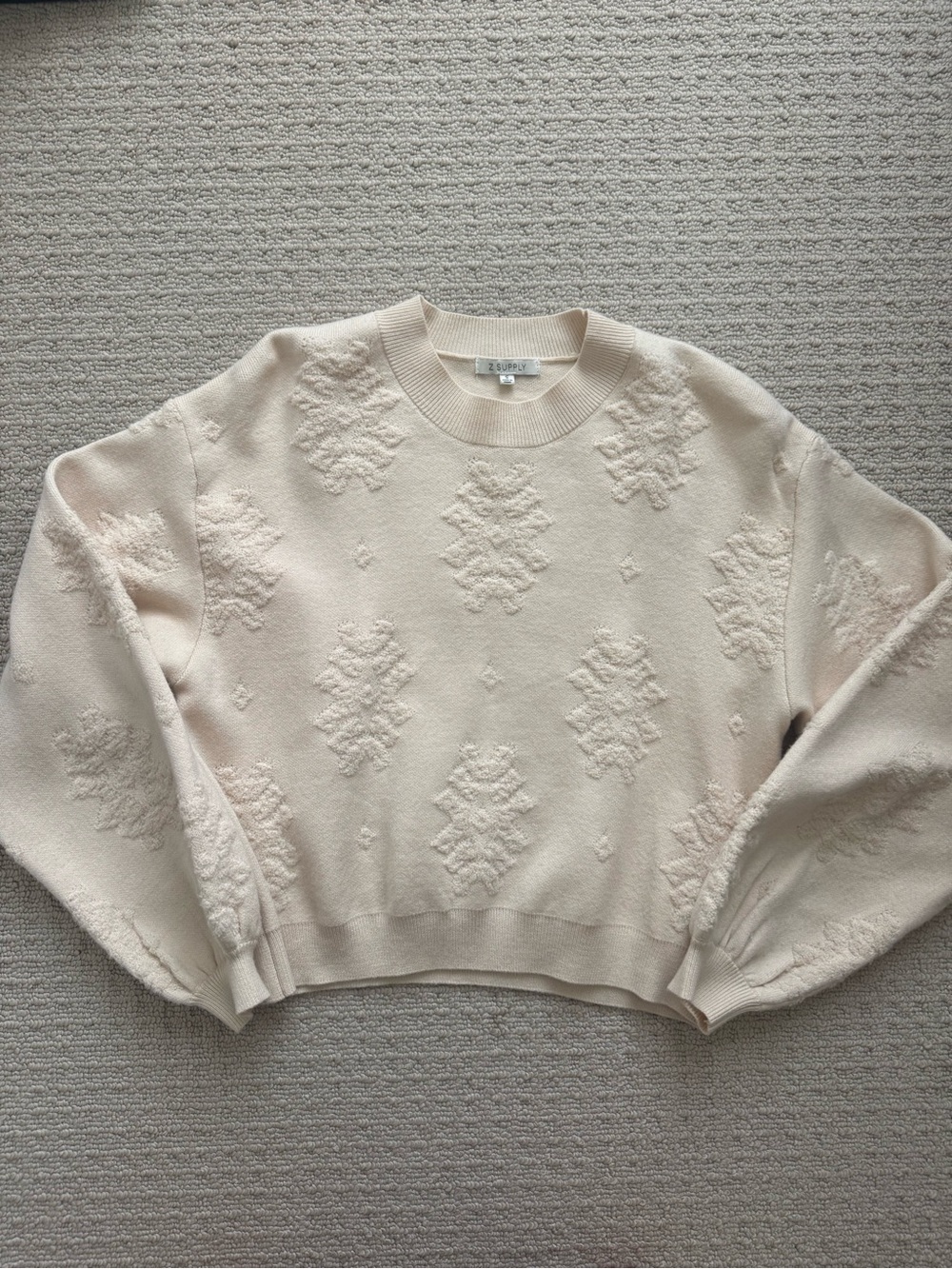 Z Supply Cream Textured Floral Jacquard Crewneck Sweater